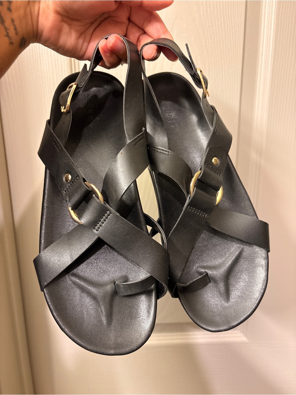 Old Navy Black Crisscross Slingback Sandals with Gold Buckles